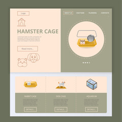 Hamster cage flat landing page website template. Rabbit cage, dog cage, aquarium. Web banner with header, content and footer. Vector illustration.