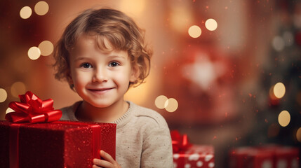 child with a gift for the New Year, New Year's interior, Christmas atmosphere. Generative AI - obrazy, fototapety, plakaty