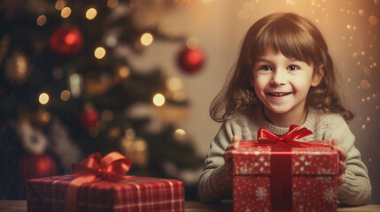 Fototapeta na wymiar child with a gift for the New Year, New Year's interior, Christmas atmosphere. Generative AI