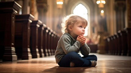 praying child in church - obrazy, fototapety, plakaty
