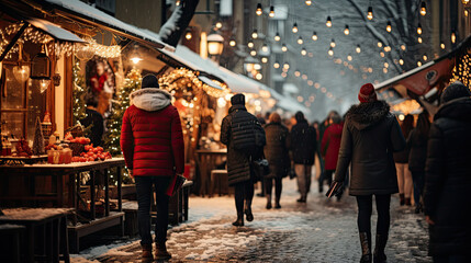 A Sparkling Scene of a Christmas Market in the Evening - obrazy, fototapety, plakaty