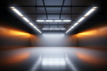 3D rendering of an illuminated empty room with overhead lighting