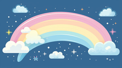 funny cartoon rainbow with eyes and a smile in the night starry sky, good night illustration for children