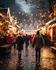 Fototapeta na wymiar A Sparkling Scene of a Christmas Market in the Evening, Aspect Ratio 4:5