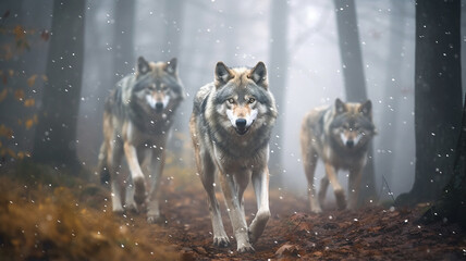 a pack of wolves in a late autumn forest in a snowfall, frontal view of wildlife, predators hunting, fear of attack by wild animals