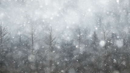 background landscape snowfall in foggy forest, winter view, blurred forest in snowfall with copy space
