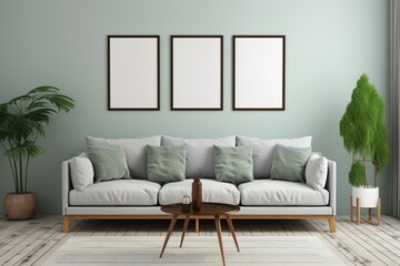 3D living room render featuring empty frames for creative mockups
