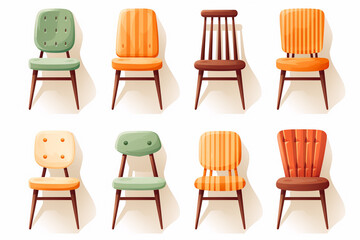 Set of different wooden chair isolated on white background. Vector illustration.