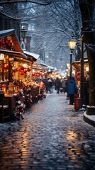 Fototapeta na wymiar A Sparkling Scene of a Christmas Market in the Evening, Aspect Ratio 9:16