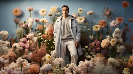 Hombre latino vistiendo moda primaveral rodeado de flores con un abrigo gris colores pastel