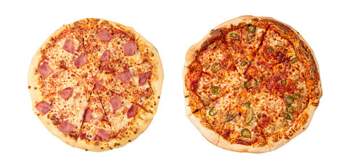 Italian Pizza Isolated, Ham Pizza with Green Hot Pepper, Chili Pepper and Mozzarella Cheese