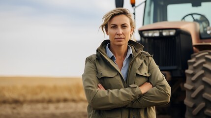 Mature female tractor driver and professional farmer. Strong leader and a prime example of female empowerment in the agriculture business. Determination skills for successful farmland cultivation.