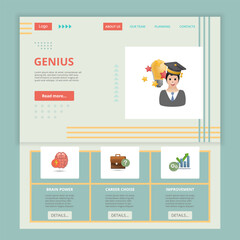 Genius flat landing page website template. Brain power, career choice, improvement. Web banner with header, content and footer. Vector illustration.