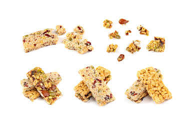 Energy Snack with Nuts Isolated. Muesli Snack, Protein Candy, Fitness Fruit and Nut Mix