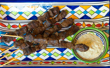 Moroccan Beef Kebab on Skewers, Traditional Arabian Food, Mutton Shashlik, Skewered Grilled Veal Meat