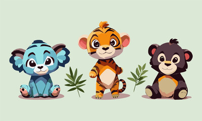 Three Cute Baby Wild Animal, Cartoon Vector Illustration 