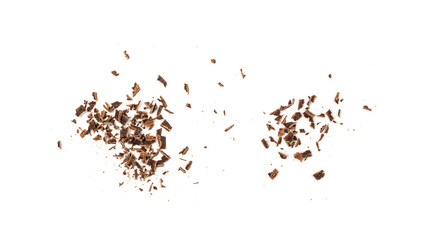 Grated Chocolate Pile Isolated, Crushed Shavings, Crumbs, Flakes, Cocoa Sprinkles - obrazy, fototapety, plakaty