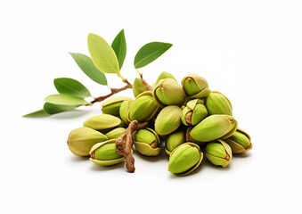 Pistachio nuts with green leaves and tree branch.Macro.AI Generative.