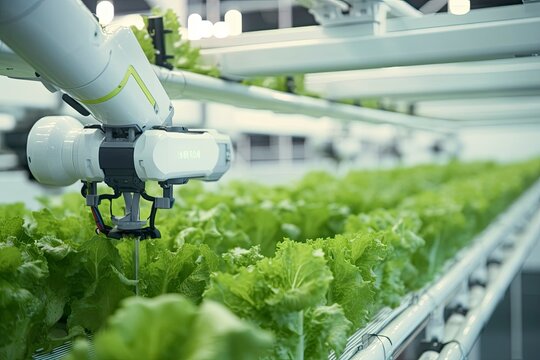 Automatic Agricultural Technology With Close-up View Of Robotic Arm Harvesting Lettuce In Vertical Hydroponic Plant.