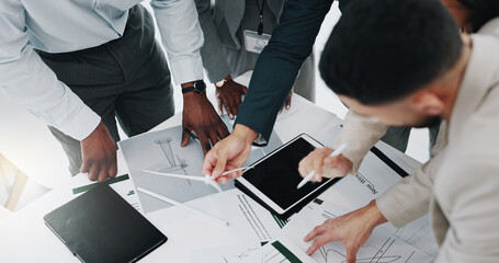 Business people, wind turbine model and paperwork with analytics or instructions, sustainable...