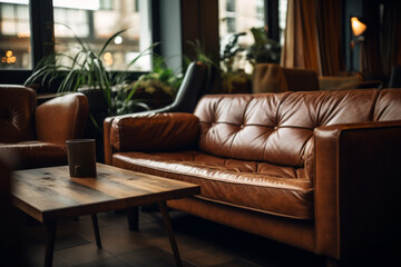 Retro brown leather couch, lounge sitting room