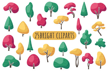 Set of different fantasy cartoon flat tree. Abstract forest, park or garden plants. Bright stylized cliparts. Cute vector illustrations isolated on white background. Elements for graphic design.