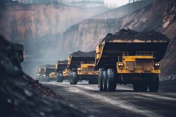 Heavy mining dump trucks waiting in line for being loaded with iron ore