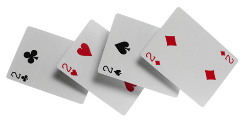 Flying playing cards for poker and gambling, set four deuces isolated on white, clipping path
