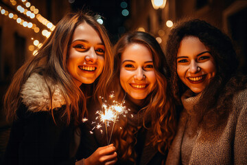A group of friends celebrating a night out with sparklers. New years eve celebration - obrazy, fototapety, plakaty