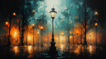 generated art landscape with street lights in the night autumn fog, fabulous picture silence mystery mist - obrazy, fototapety, plakaty