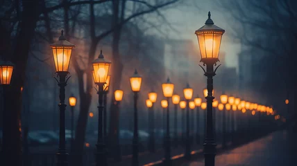 Foto op Plexiglas generated art landscape with street lights in the night autumn fog, fabulous picture silence mystery mist © kichigin19