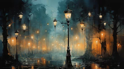Zelfklevend Fotobehang generated art landscape with street lights in the night autumn fog, fabulous picture silence mystery mist © kichigin19