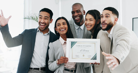 Business people, woman and certificate in office, presentation or teamwork for performance, goal or success. African CEO, happy employee group and diploma for achievement, thanks or award at workshop - obrazy, fototapety, plakaty
