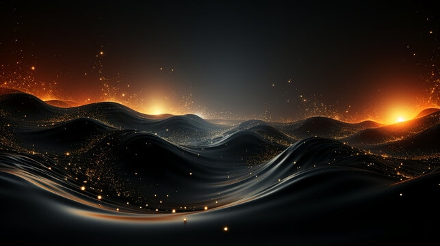 abstract dark cosmic 3D perspective with breathtaking black and gold fractals, curves, and waves background 16:9 widescreen wallpapers
