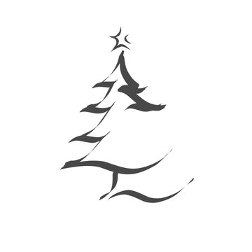 Christmass. Christmas tree line art style. Christmas tree black white.	