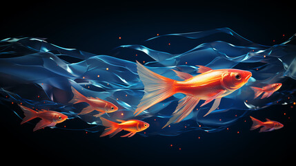 abstract glowing underwater 3D perspective with fish background 16:9 widescreen wallpapers - obrazy, fototapety, plakaty