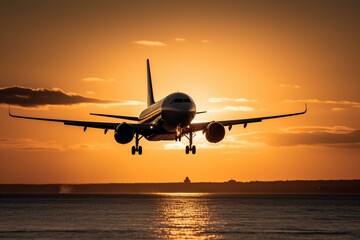 Sunset flight of a passenger jet. Generative AI