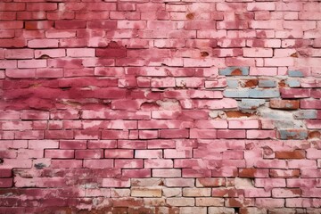 A distinctive, old cracked pink brick wall with shabby paint