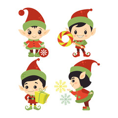 Cartoon Christmas elves. Elf with snowflakes, with candy, with a gift, with a Christmas tree decoration