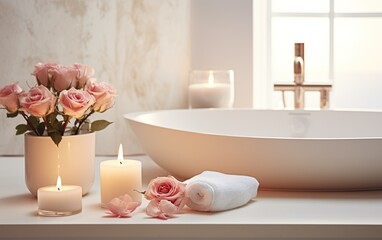 Fototapeta na wymiar Elegant white bathroom interior with modern ceramic vessel sink, flowers, towels and candles. Relaxation, wellness, spa salon, aromatherapy concept