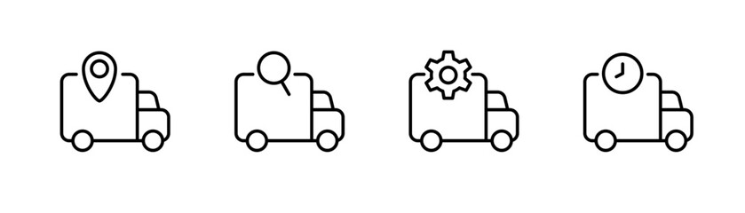 Delivery truck line icon. Shipping van icon set. Delivery lorry. Truck with loupe and gearwheel. Editable stroke. Stock vector illustration.