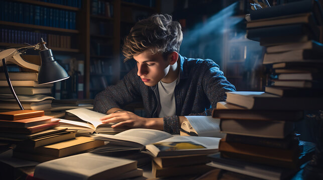 a determined student studying late at night, surrounded by stacks of books and glowing study lamps, capturing the dedication and perseverance required for academic success