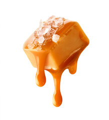 Flying salty caramel candy topped with salt crystals and pouring caramel sauce - 663339871