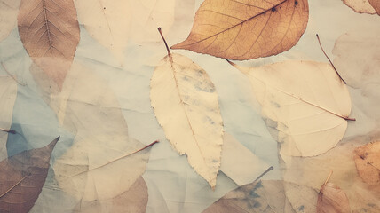 autumn background prints of dry leaves on paper scrapbooking, soft color delicate pastel colors blank copy space