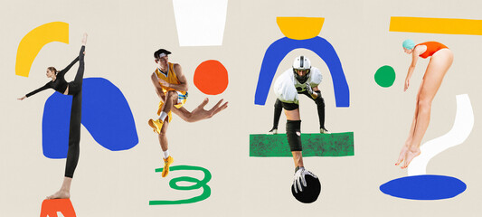 Contemporary art collage. Set made of creative designed posters with professional sporty people in...