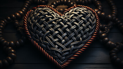 interlacing heart shape braided black leather belt on a black background unusual valentine, psychology addiction - obrazy, fototapety, plakaty