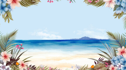Fototapeta na wymiar tropical beach frame with flowers