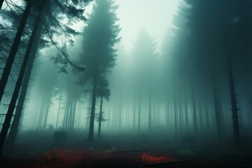 A haunting 3D vision pine forest, smoke, and enigmatic giant
