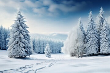 Winter beautiful landscape with pine trees covered with hoarfrost. Generative ai art.