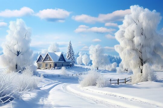 Winter beautiful landscape with trees covered with hoarfrost, road and old house. Generative ai art.
